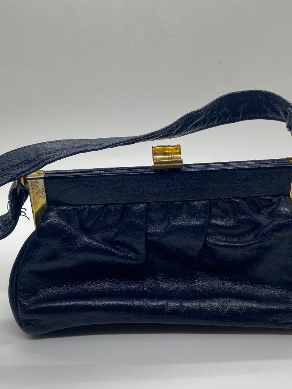 Vintage Leather Handbag/Purse-Circa 1950s-Navy Blue Leather Brass Details-Made i